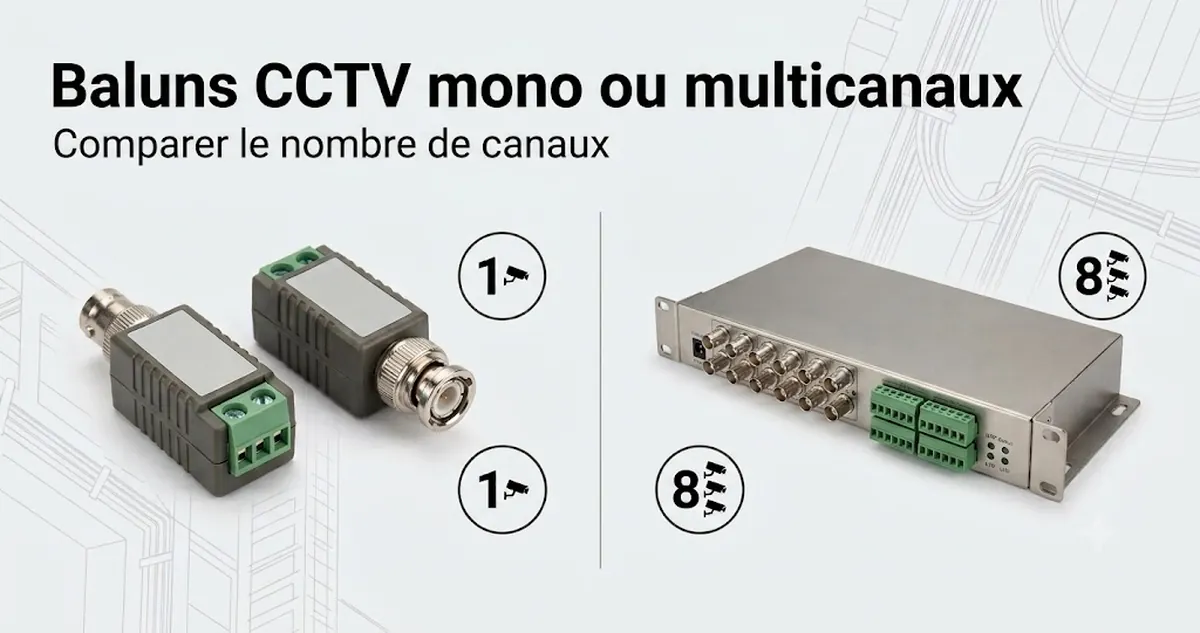 Baluns vidéo CCTV monocanal et multicanaux disposés pour comparer le nombre de canaux.