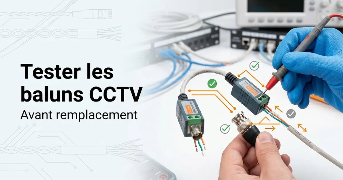 Baluns vidéo CCTV testés avant remplacement avec contrôles du câble et des connecteurs.