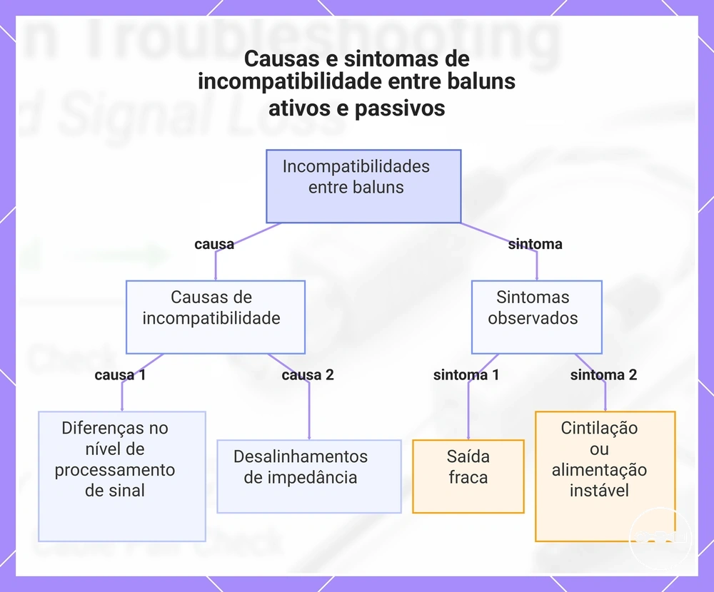 Causas e sintomas de incompatibilidade entre baluns ativos e passivos