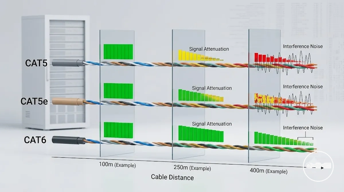 Comparação do desempenho dos cabos CAT5, CAT5e e CAT6 com visualização de distância de sinal e atenuação