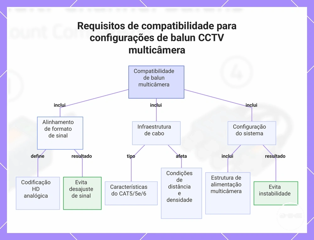 Requisitos de compatibilidade para configurações de balun CCTV multicâmera