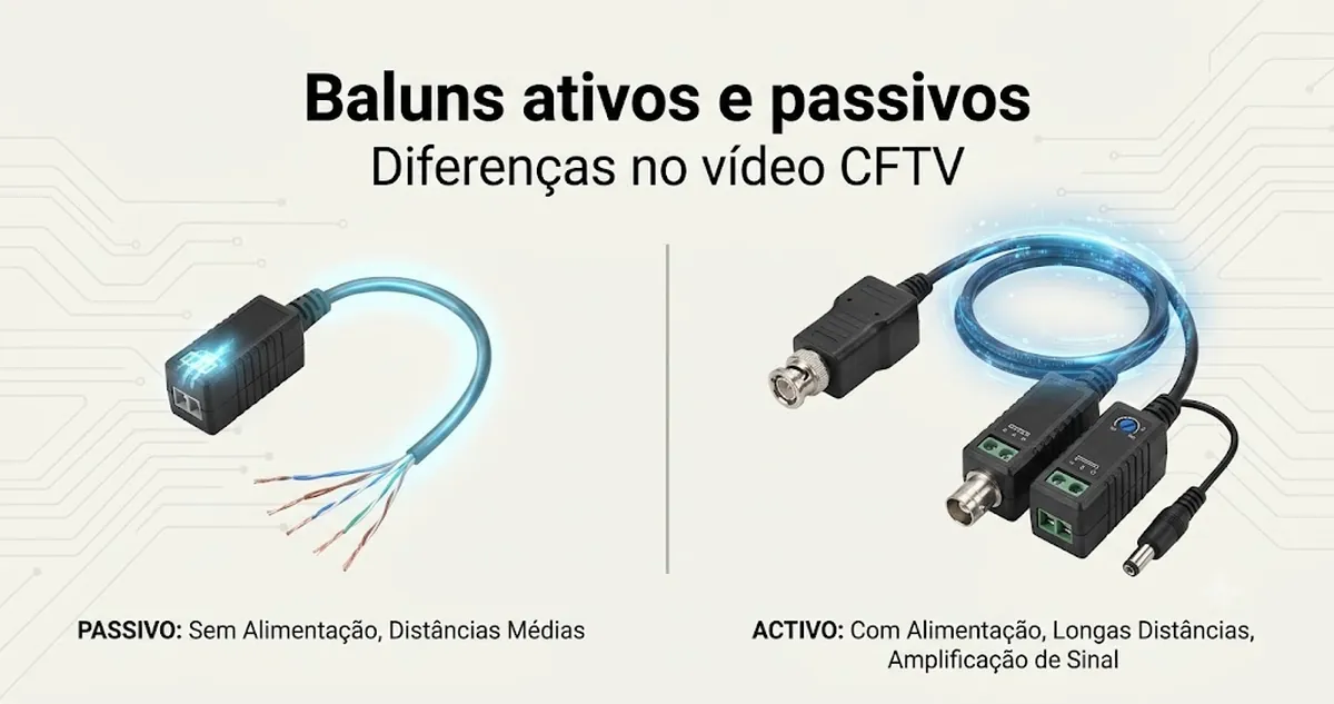 Baluns de vídeo CFTV ativos e passivos exibidos lado a lado para comparação de tipo.