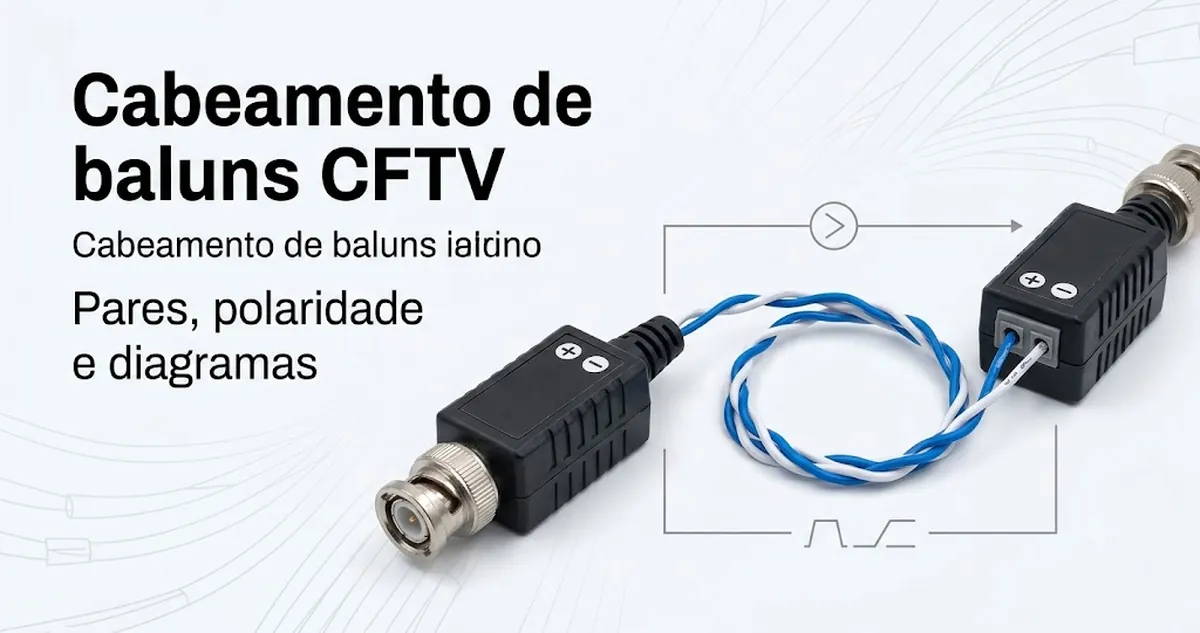 Cabeamento de baluns de vídeo CFTV com pares trançados, marcações de polaridade e detalhes do diagrama de conexão.
