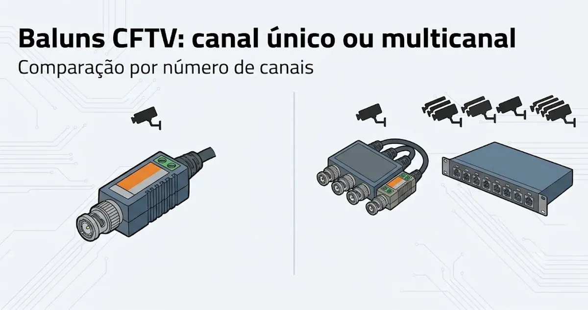 Baluns de vídeo CFTV de canal único e multicanal organizados para comparar o número de canais.
