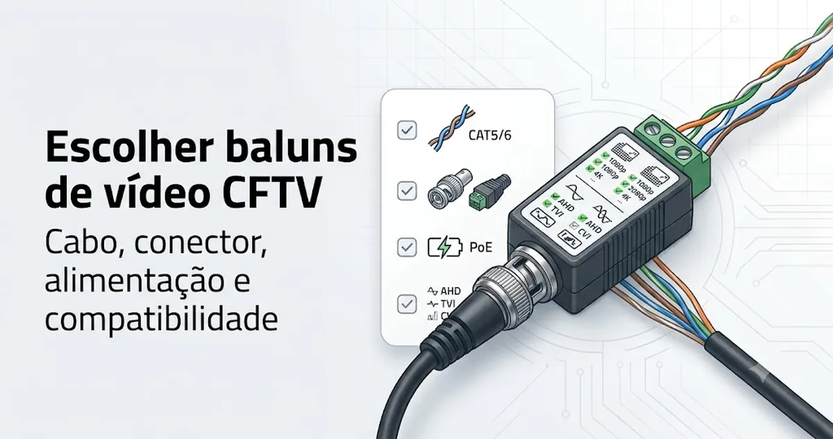 Lista de critérios para escolher baluns de vídeo CFTV, com fatores de cabo, conector, alimentação e compatibilidade.