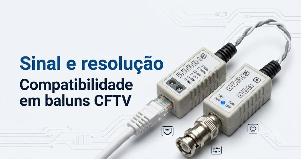 Etiquetas de compatibilidade e conexões de cabo em baluns de vídeo CFTV para checagem de sinal e resolução.