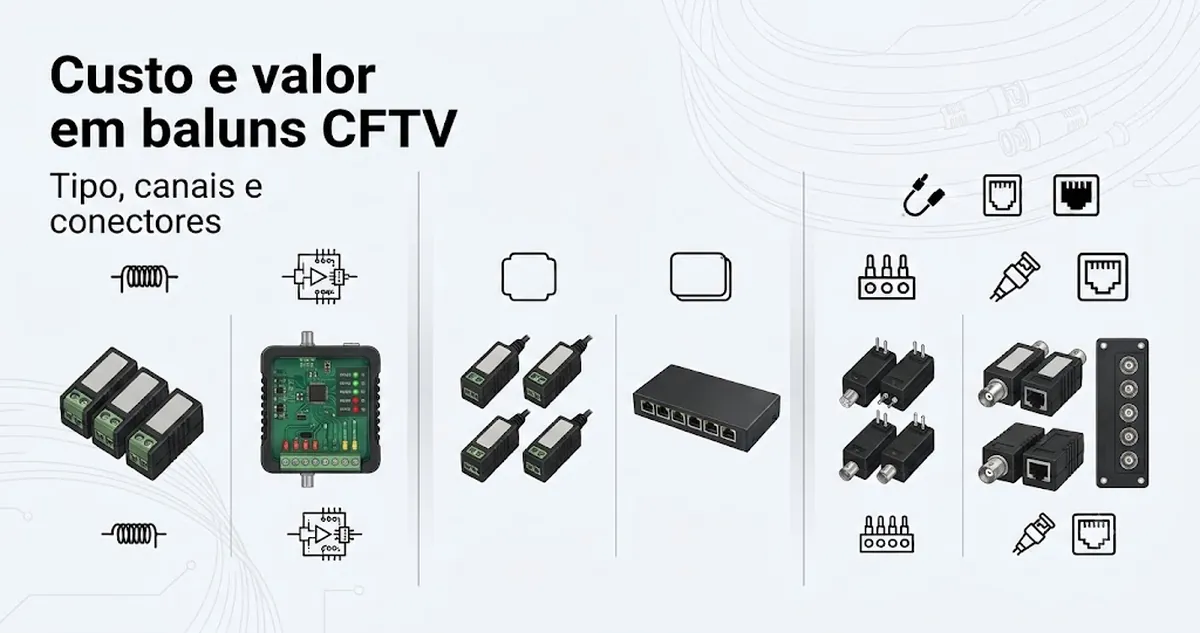 Exemplos de características em baluns de vídeo CFTV para comparar custo e valor por tipo, canais e conectores.