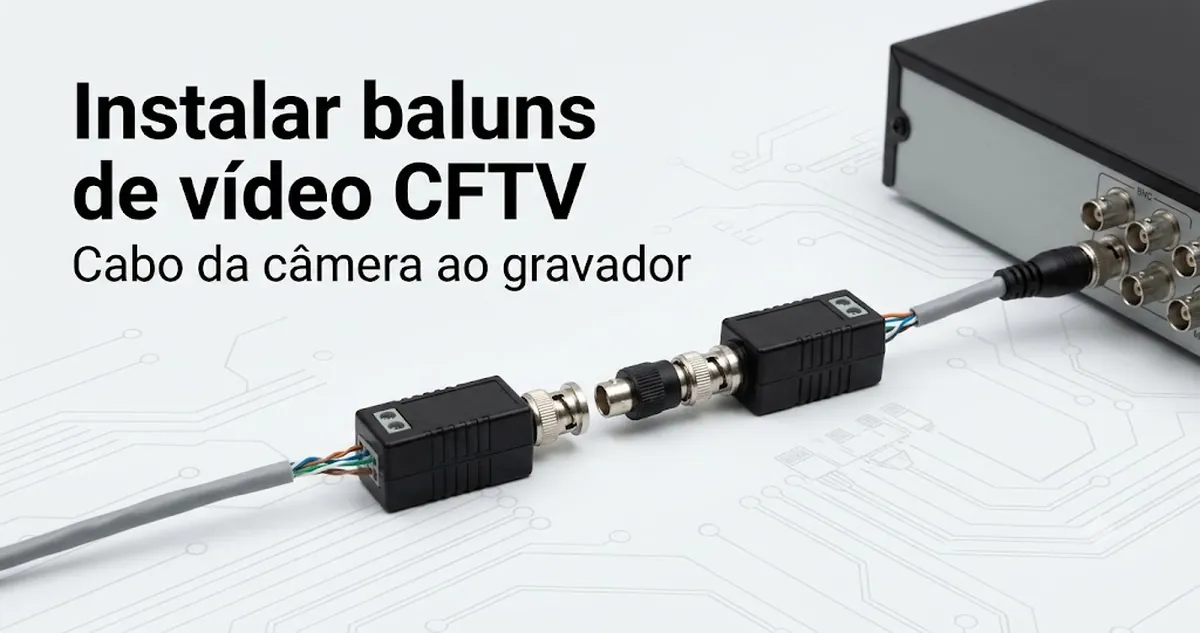 Baluns de vídeo CFTV instalados entre o cabo de uma câmera e o ponto de conexão do gravador.