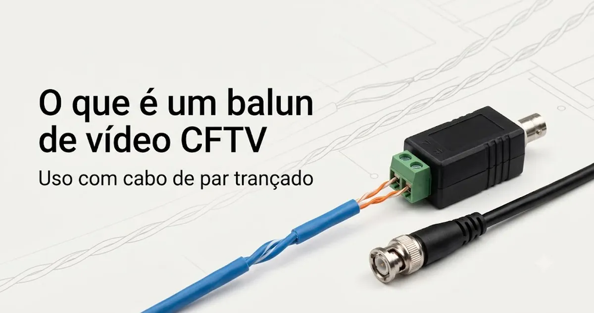 Balun de vídeo CFTV ao lado de um cabo de câmera, usado para transmitir vídeo por cabo de par trançado.