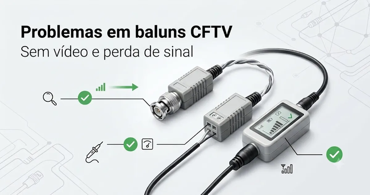 Montagem para verificar problemas em baluns de vídeo CFTV, com checagens de cabo, conector e perda de sinal.
