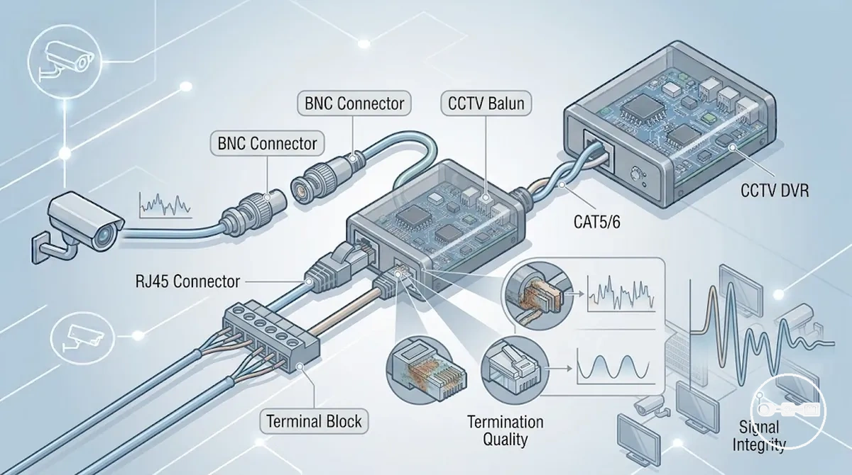 BNC RJ45 ve terminal blok seçeneklerini gösteren CCTV video balunu konnektör ve sonlandırma düzeneği