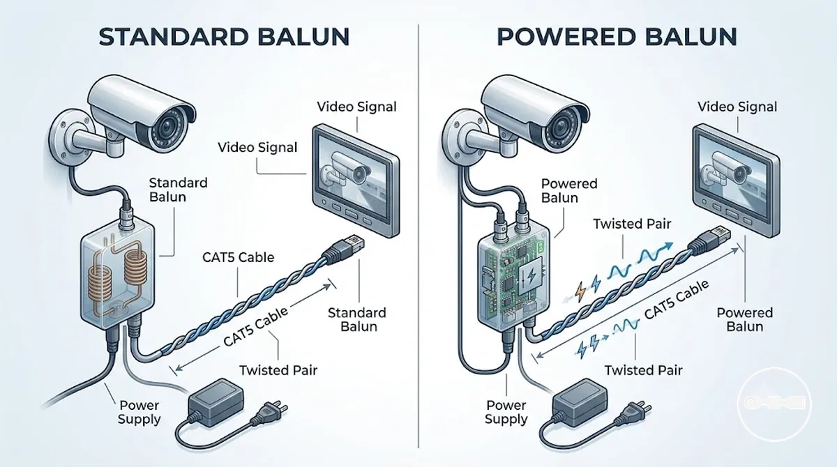 Birleşik ve standart düzenekleri gösteren beslemeli CCTV video balunları karşılaştırması