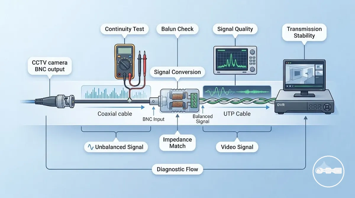 CCTV balun sisteminde dengeli ve dengesiz video sinyalleri arasındaki dönüşümü gösteren diyagram