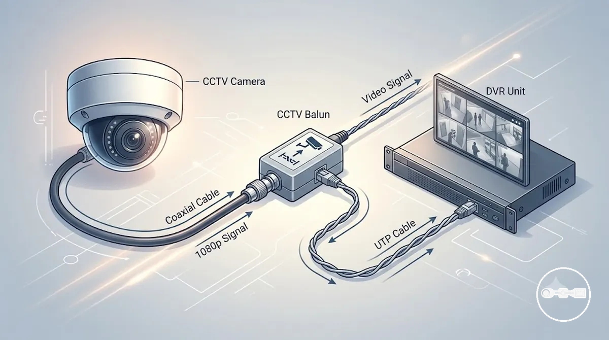 CCTV video balunu, bir CCTV sisteminde koaksiyel sinyali UTP kablosu iletimine dönüştürüyor