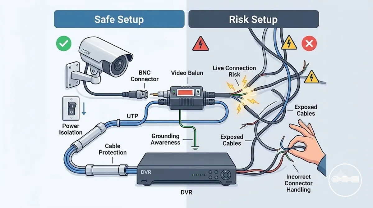 Balun ve DVR bağlantıları çevresinde güç izolasyonu ve kablo korumasını gösteren güvenli ve güvenli olmayan CCTV kablolaması