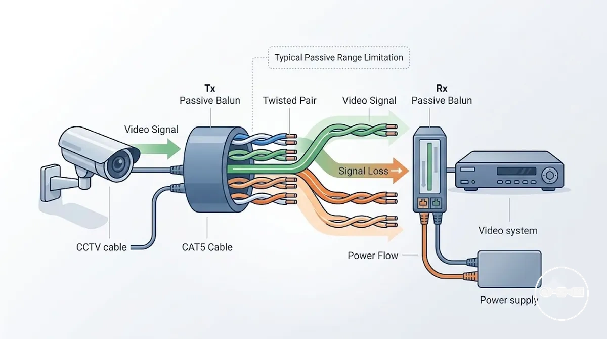 CAT5 kablosu üzerinden amplifikatörsüz video ve güç iletimini gösteren pasif CCTV balun sistemi