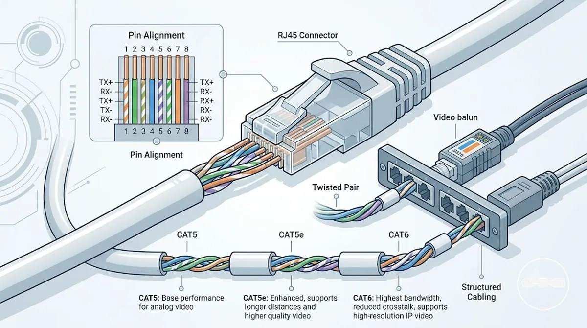 CCTV video balun yapısal kablolaması için pin hizalamasını gösteren CAT5 kabloda RJ45 terminasyonu