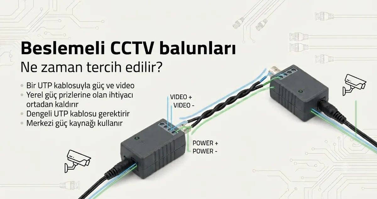 Video ve güç bağlantılarını birlikte gösteren güç uçlu CCTV video balunları.