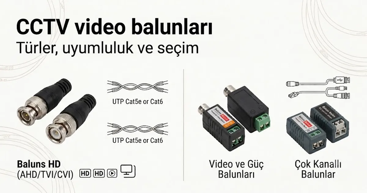 Yaygın türleri, konnektörleri ve kablo uyumluluğu ipuçlarını gösteren CCTV video balunları seti.