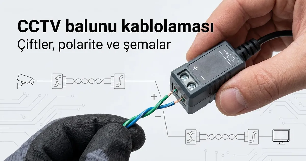 Bükümlü çiftler, polarite işaretleri ve bağlantı şeması ayrıntılarıyla CCTV video balunu kablolaması.