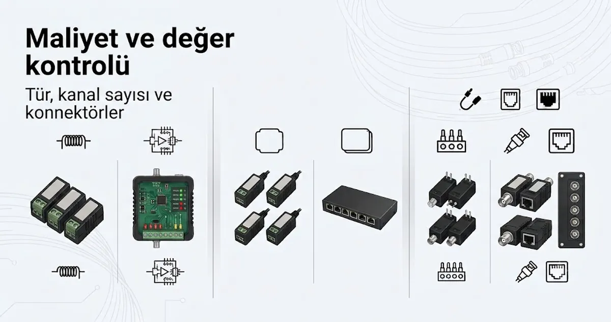 Tür, kanal sayısı ve konnektörlere göre maliyet ve değer faktörlerini gösteren CCTV video balunu özellik örnekleri.