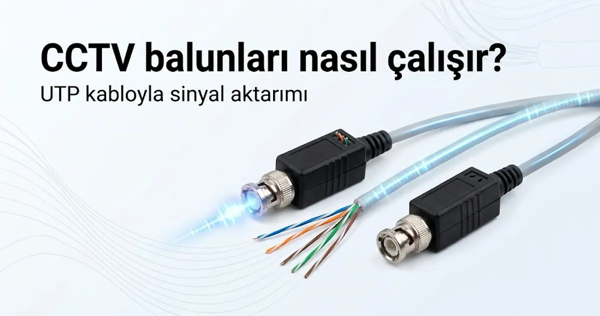 Video sinyalinin nasıl taşındığını göstermek için UTP kabloya bağlanmış CCTV video balunları.