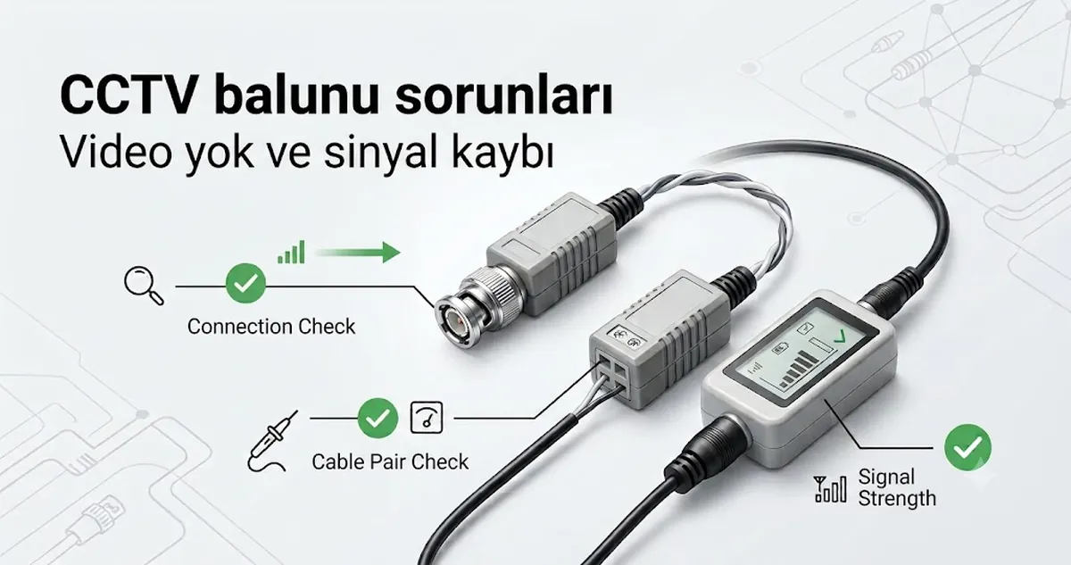 Kablo, konnektör ve sinyal kaybı kontrollerini gösteren CCTV video balunu sorun giderme düzeni.