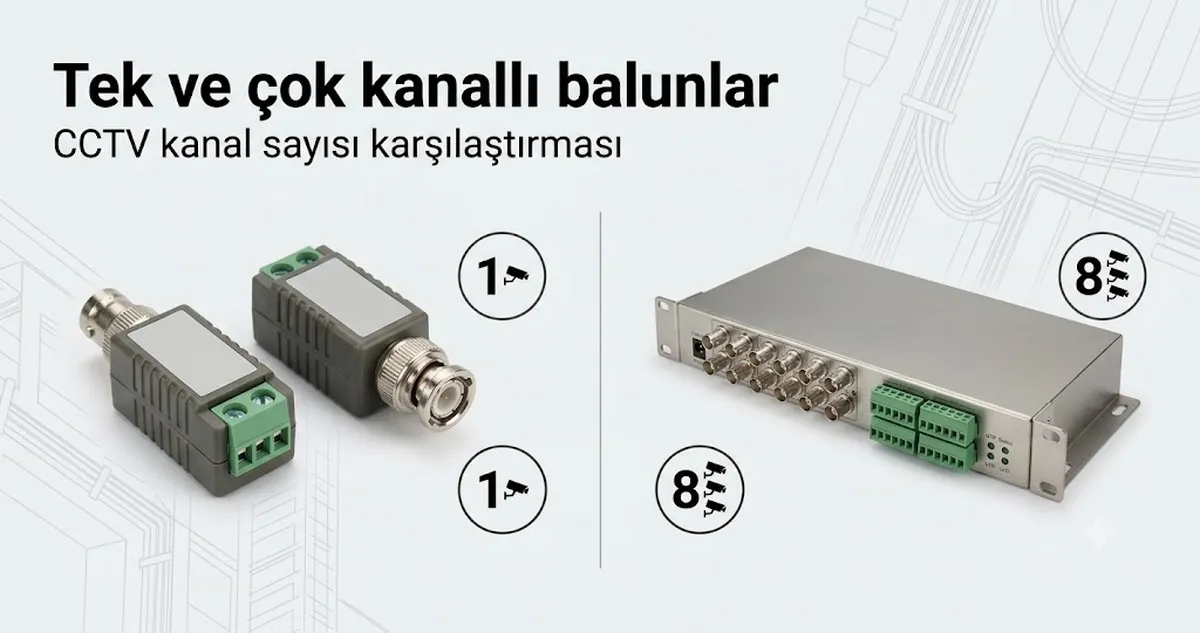 Kanal sayısı karşılaştırması için düzenlenmiş tek kanallı ve çok kanallı CCTV video balunları.